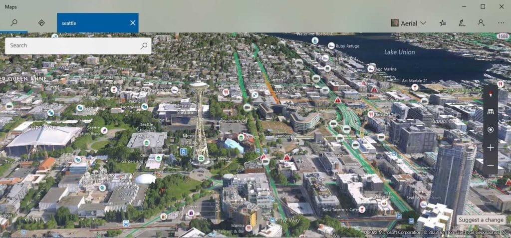 A 3D map view of Seattle with traffic