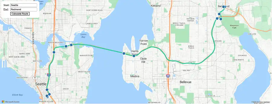 Screenshot of an Azure Maps sample map showing waypoints along a route