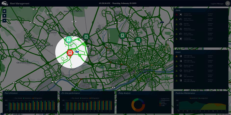 fleet manager view of trucks on map of Frankfurt