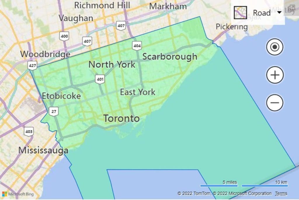 A boundary over a map of Toronto for geofencing