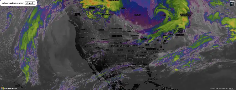 A sample showing a weather infrared overlay added to the map of mainland US