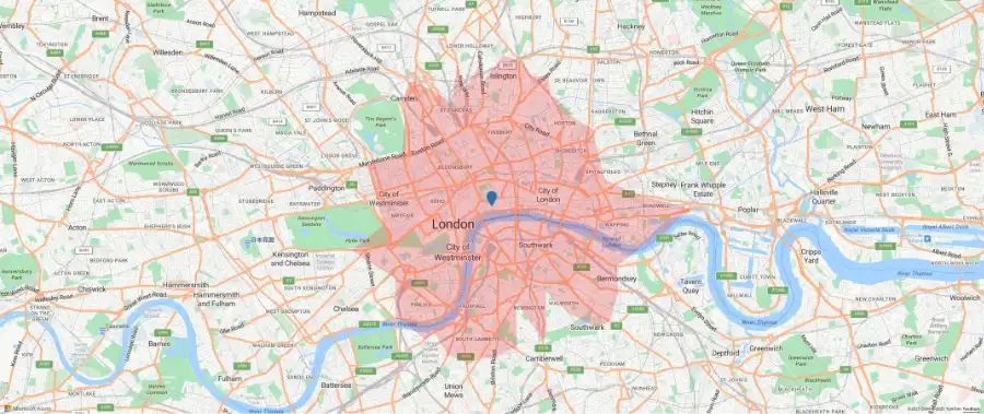 An isochrone on a map indicating a user’s driving range