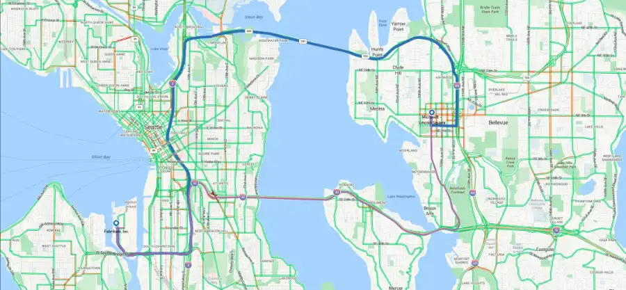 Map showing multiple routes by mode of travel