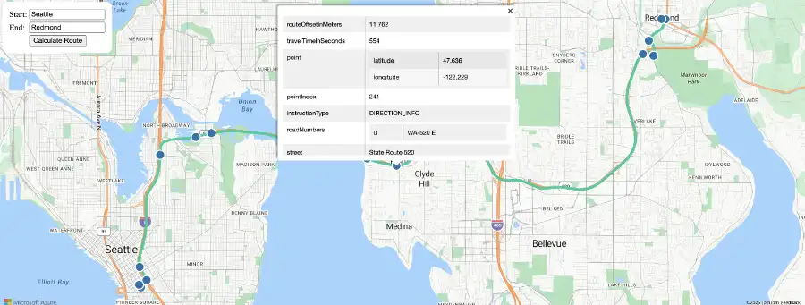 A sample showing weather along the Seattle to Redmond route